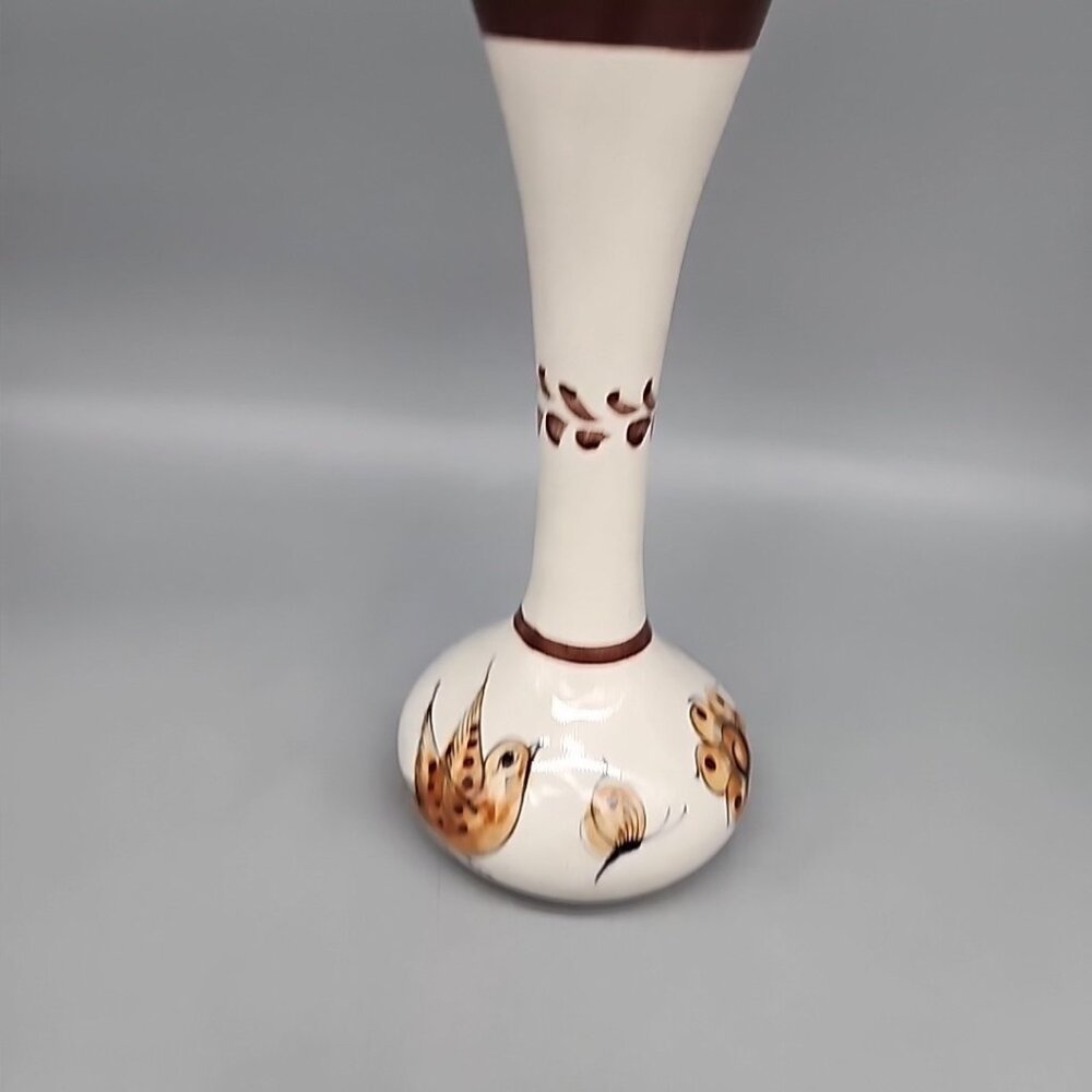 Hand Painted Ceramic Floral Bird Dove Glazed Mexican Folk Art Pottery Bud Vase